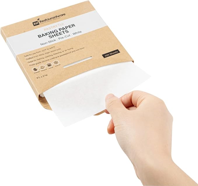 Restaurantware Pastry Tek 5 x 5 Inch Parchment Paper Sheets 200 Greaseproof Baking Sheets For Oven - Pre-cut Double-Sided Silicone Coating White Paper Nonstick Baking Sheets Reusable