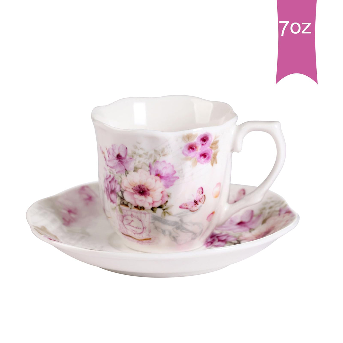 GuangYang 7 oz Porcelain Tea Cups and Saucers set of 6,Purple Fancy Floral Pattern (Perfect for