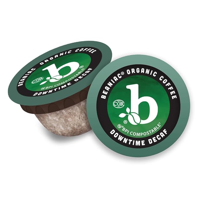 beaniac Organic Downtime Decaf Swiss Water Decaffeinated, Medium Roast, Single Serve Compostable K
