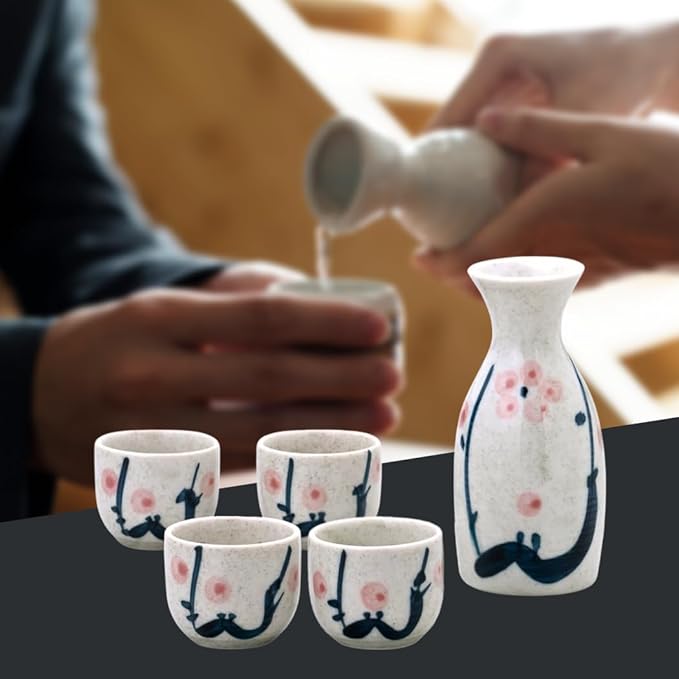 JapanBargain 4978, Japanese Porcelain Plum Sake Set Sake Carafe Bottle Sake Cups for Serving Hot
