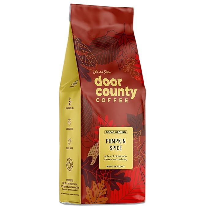 Door County Coffee Pumpkin Spice Flavored Decaf Coffee Ground - 8 oz Bag - Medium Roast - Cinnamon