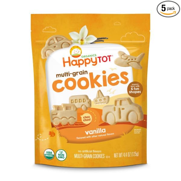 Happy Tot Organic Multi-Grain Cookies Toddler Snack, Fun Transportation Shapes, Vanilla, 4.4 Ounce