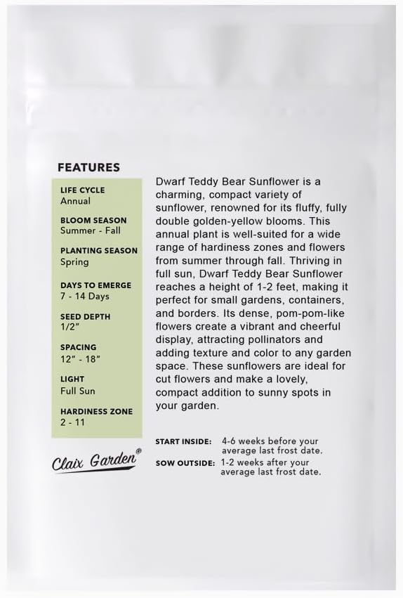 Sunflower Seeds - Teddy Bear - 50 Seeds - Heirloom, Non-GMO, USA Grown, Excellent for Pollinators