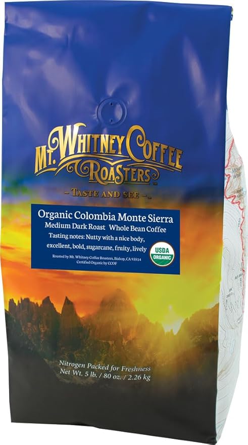 Mt. Whitney Colombia Monte Sierra Organic, Single Origin, Medium Dark Roast, Smooth Full Flavored