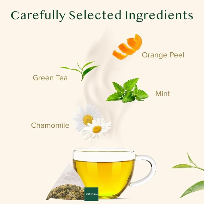 VAHDAM, Chamomile Mint Citrus Green Tea Bags (100 Count) Low Caffeine, Non GMO, Gluten Free | Sweet