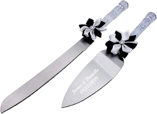 GIFTS INFINITY® Personalized Wedding Cake Knife and Server Set Free Engraving (Black & White)