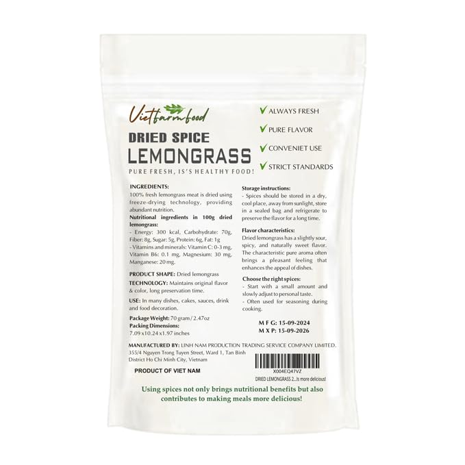 DRIED LEMONGRASS 2.47 Oz (70g) VIETFARMFOOD: Pure, natural freeze-dried spice made from real