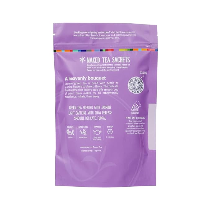 Two Leaves and a Bud Jasmine - 50 Naked Tea Sachets, Whole Leaf Green Tea in Eco-Friendly Unwrapped