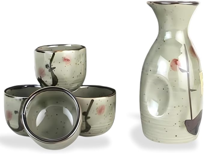 JapanBargain 3327, Japanese Plum Porcelain Sake Set Sake Carafe Bottle Sake Cups for Serving Hot
