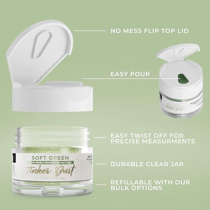 Bakell - Soft Green Tinker Dust (5g, 1x Jar) Edible Glitter for Food, Desserts, and Beverages!