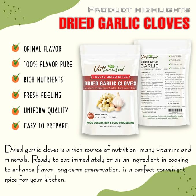 DRIED GARLIC CLOVES 2.47 Oz (70g) VIETFARMFOOD: Pure, natural freeze-dried spice made from real