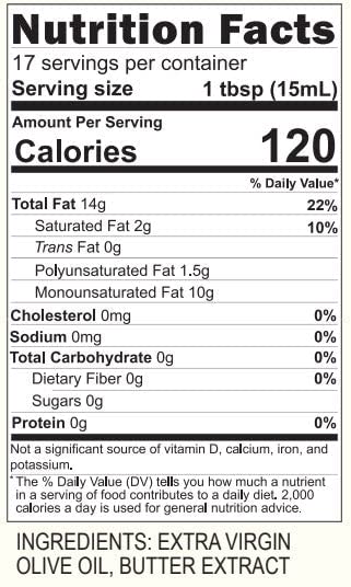 Blazing Bella Butter Olive Oil (Extra Virgin 8.45 Fl Oz) Replace butter in your cooking, grilling