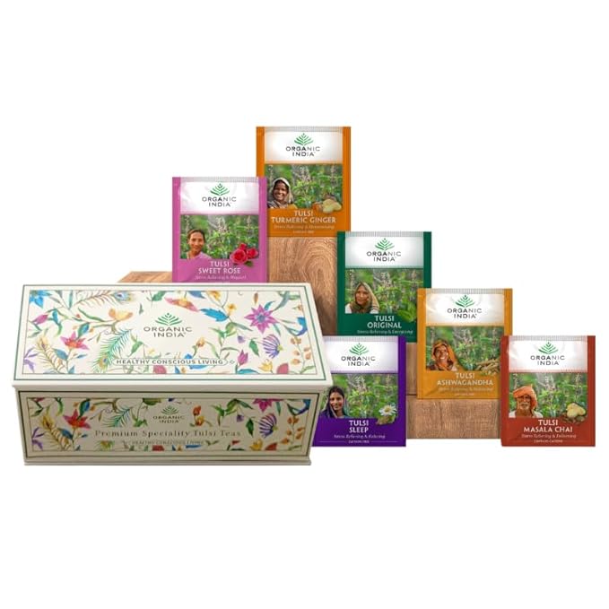 Organic India Tea Sampler Box Variety Pack - Tulsi Herbal Tea Gift Set, Hot Tea Assortment, Holy