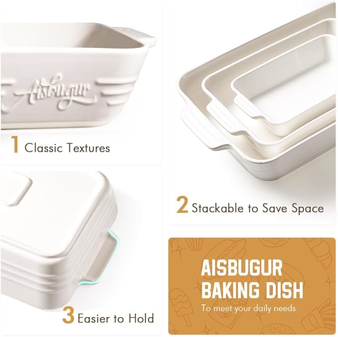 Ceramic Baking Dish Set, 3-Piece Casserole Dishes for Oven, Rectangular Baking Pans, Deep Lasagna