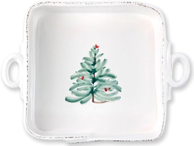 Vietri Lastra Holiday White and Green Square Baker 11.5"L, Stoneware Oven Baking Dish & Serving