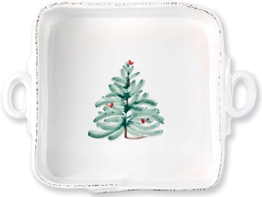 Vietri Lastra Holiday White and Green Square Baker 11.5"L, Stoneware Oven Baking Dish & Serving