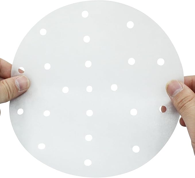 100 Pack 7 Inch Bamboo Steamer Liner - Round Air Fryer Parchment Paper with Holes - White Non Stick