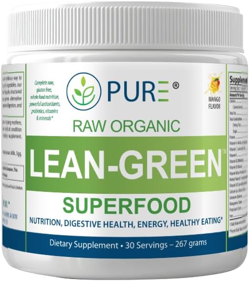 PURE Greens Superfood Raw Organic Drink Mix, Mango Flavor, Spirulina, Chlorella, 30 Servings, 8.9g
