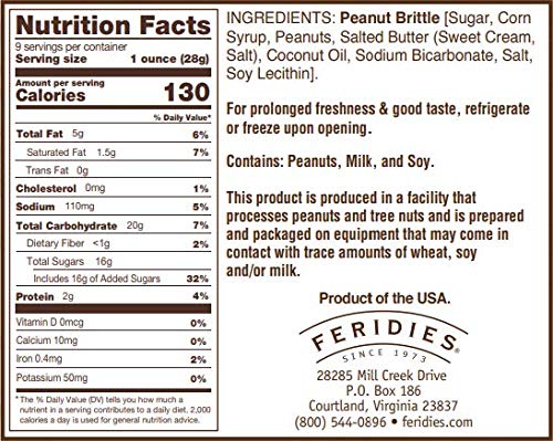 FERIDIES Virginia's Finest Peanut Brittle Crunch Made with Extra Large Peanuts 9 Ounce (Pack of 1)
