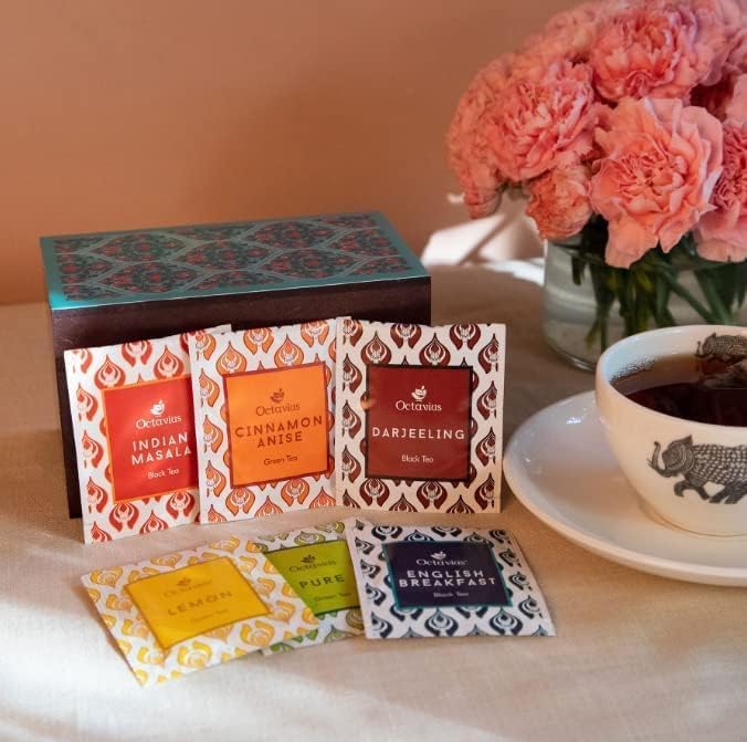 Octavius Assorted Tea Gift Set | 6 Assorted Black & Green Teas | 30 Teabags | Wooden Tea Sampler