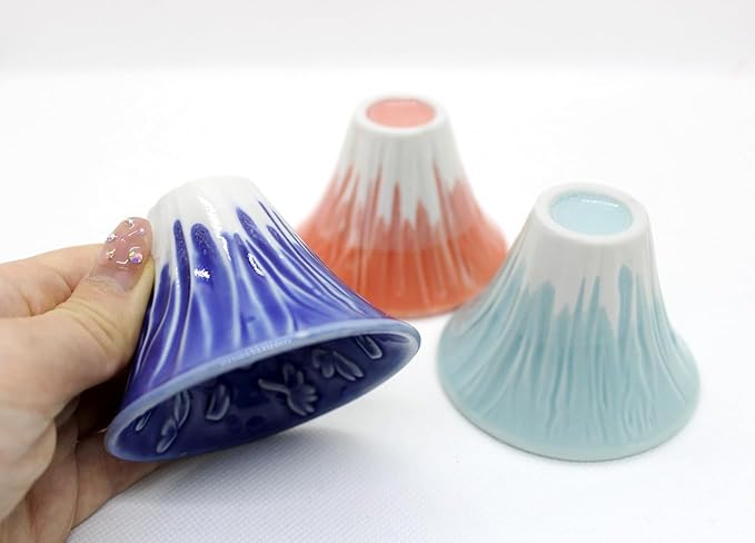 Japanese Sake Cup Mount Fuji Design Wine Soju Porcelain Ochoko Gifts (Blue Red Snow, 3 Ochoko)