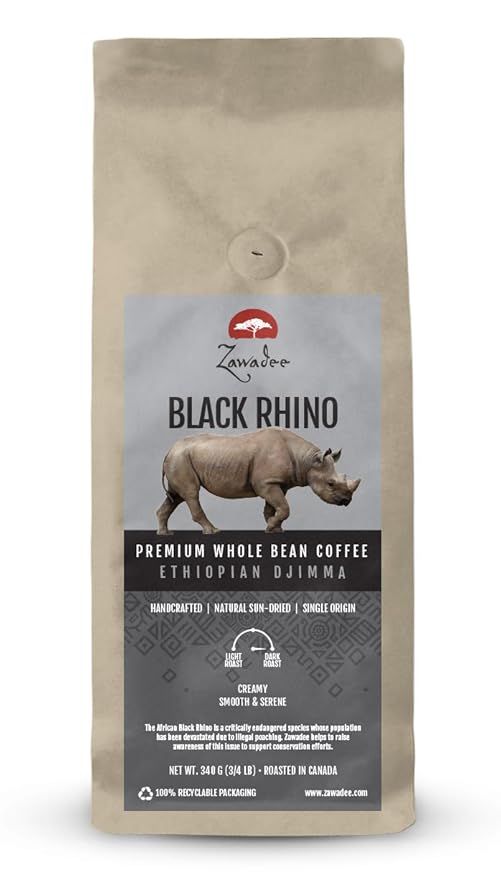Whole Bean Coffee Black Rhino Ethiopian Djimma 3/4 lb 340 grams