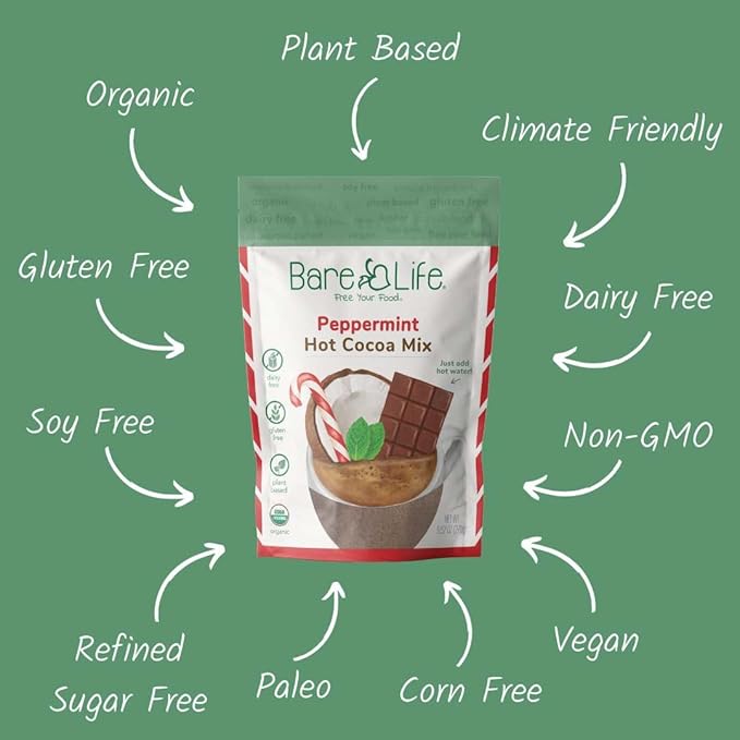 Bare Life: Instant Dairy Free Peppermint Hot Cocoa Mix - 10 Serving Pouch | Gluten Free, Vegan