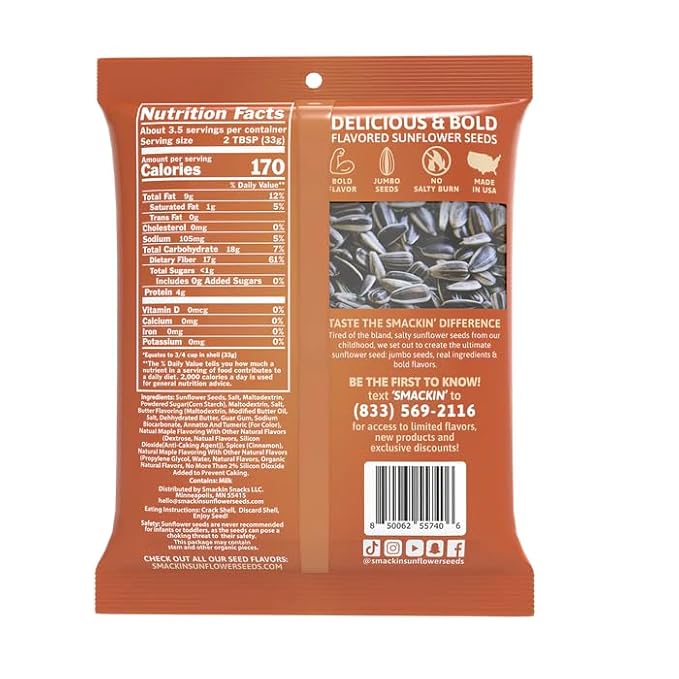 SMACKIN' Sunflower Seeds, Roasted Jumbo Small-Batch, American Made - Maple Brown Sugar. 4oz bags