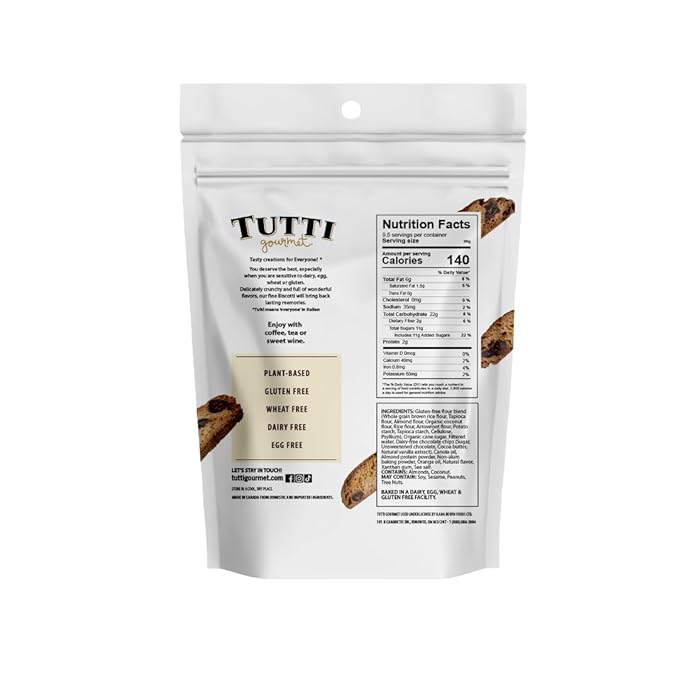 Tutti Gourmet Gluten Free Orange & Chocolate Biscotti, 9.9 oz (283g) Resealable Cookie Bag - Vegan