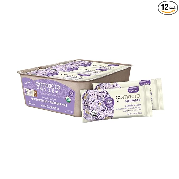 GoMacro MacroBar Organic Vegan Protein Bars - White Chocolate + Macadamia Nuts (2.3 Ounce Bars, 12