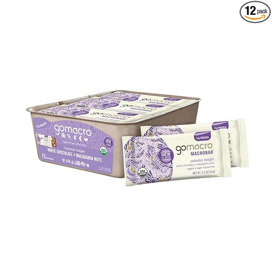 GoMacro MacroBar Organic Vegan Protein Bars - White Chocolate + Macadamia Nuts (2.3 Ounce Bars, 12