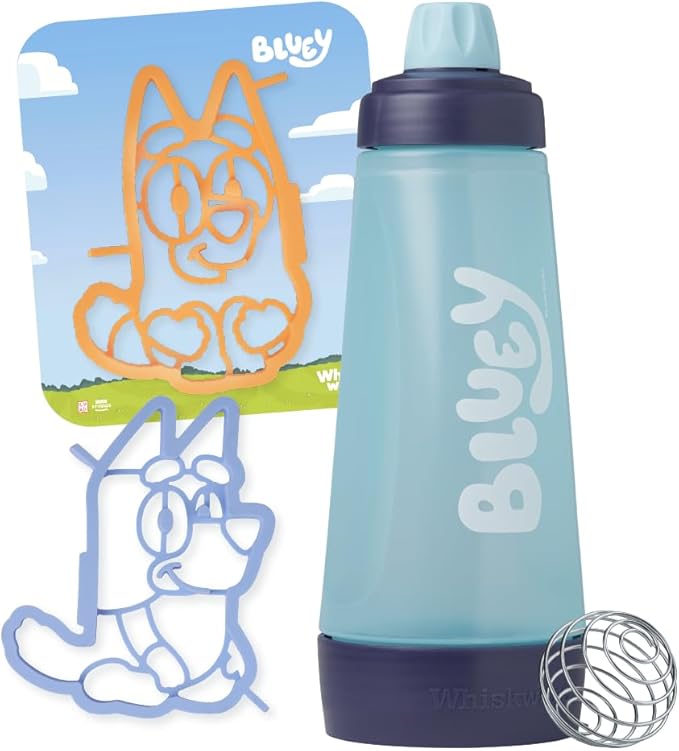 Whiskware Bluey Pancake Art Kit, 1 Batter Bottle, 2 Silicone Bluey and Bingo Pancake Molds, and 1