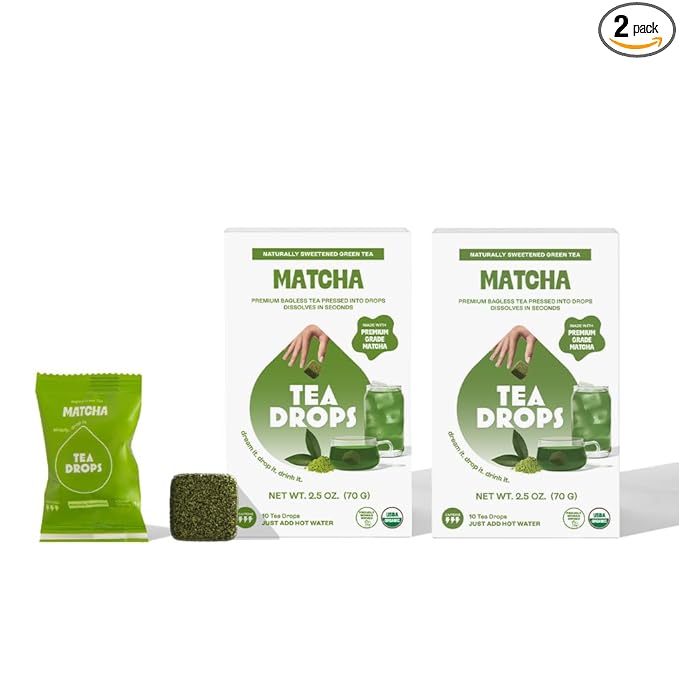 Tea Drops Lightly Sweetened Organic Tea Bulk Box | Matcha Green Tea | Iced or Hot Bagless Instant