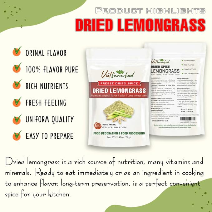 DRIED LEMONGRASS 2.47 Oz (70g) VIETFARMFOOD: Pure, natural freeze-dried spice made from real