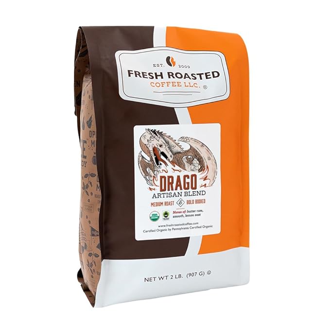 Fresh Roasted Coffee, Organic Drago Café Blend | USDA Organic, Kosher | Medium Roast 2 lb (32 oz)