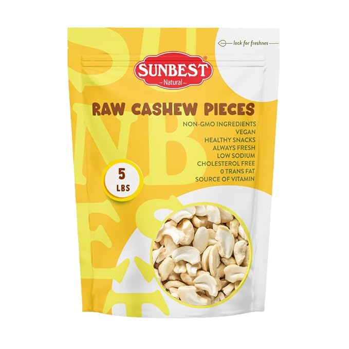 Sunbest Natural Raw Cashews ??Large Cashew Pieces, 5 lb Bulk Bag (80 oz) ??Unroasted & Unsalted
