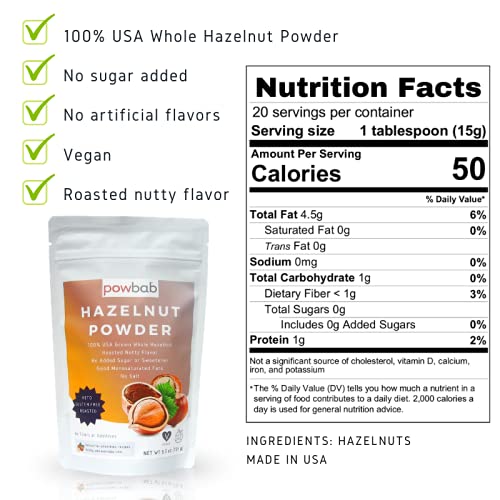 powbab Hazelnut Powder - 100% USA Grown Roasted Hazelnut Meal Flour. Roasted Nutty Flavor, Not Raw.
