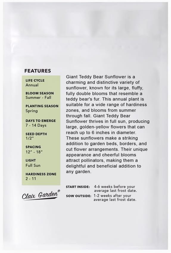 Sunflower Seeds - Giant Teddy Bear - 50 Seeds - Heirloom, Non-GMO, USA Grown, Excellent for