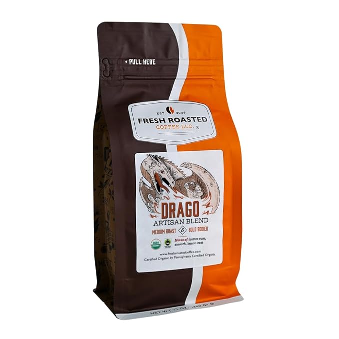 Fresh Roasted Coffee, Organic Drago Café Blend | USDA Organic, Kosher | Medium Roast 12 oz Whole