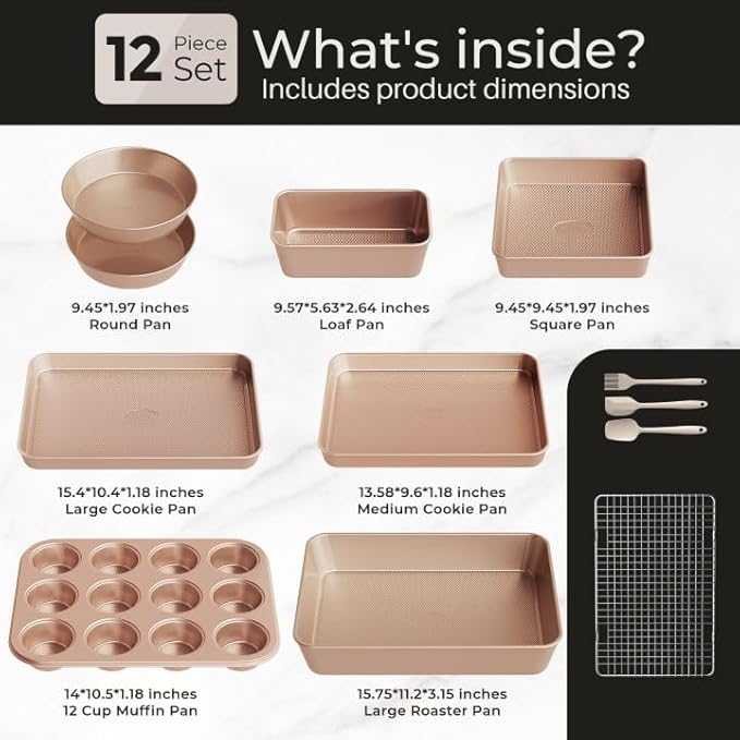12-Piece Nonstick Bakeware Set with Baking Pan, Cake Pan, Muffin Pan, Loaf Pan, Square Pan