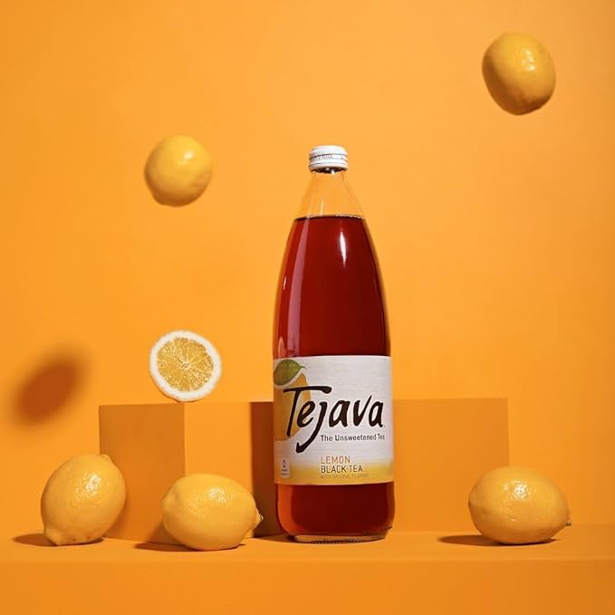 Tejava Lemon Black Iced Tea, 4 Pack, 12oz Glass Bottles, Unsweetened, Non-GMO, Kosher, No Sugar or