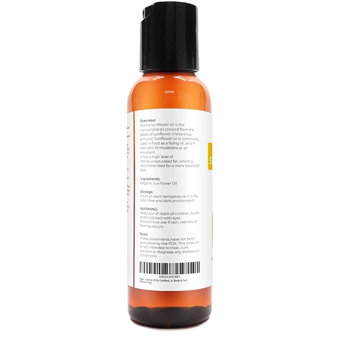 velona USDA Certified Organic Sunflower Oil - 2 Fl Oz | 100% Pure and Natural Carrier Oil | High