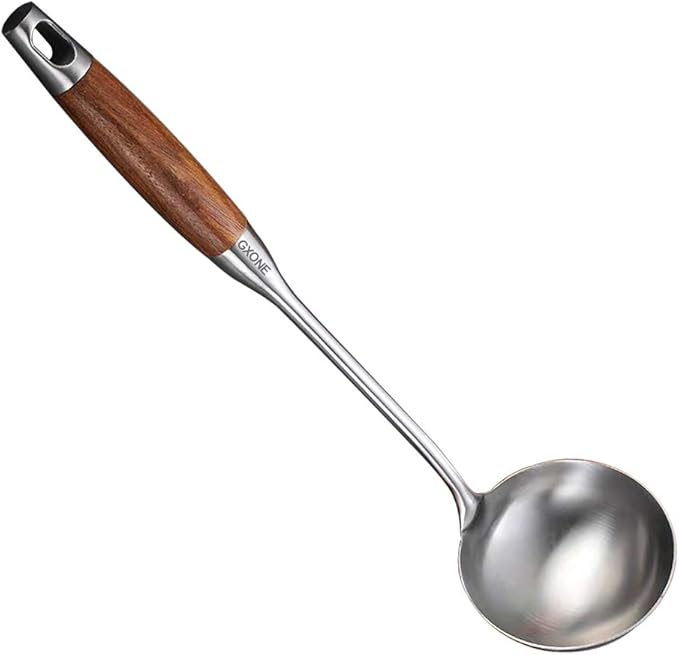 Soup Ladle,304 Stainless Steel Cooking Ladle Spoon Wok Tools with Long Wooden Handle Heat