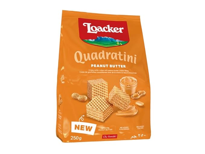 Loacker Quadratini Peanut Butter bite-size Wafer Cookies - 30% Less Sugar - Premium Crispy Wafers