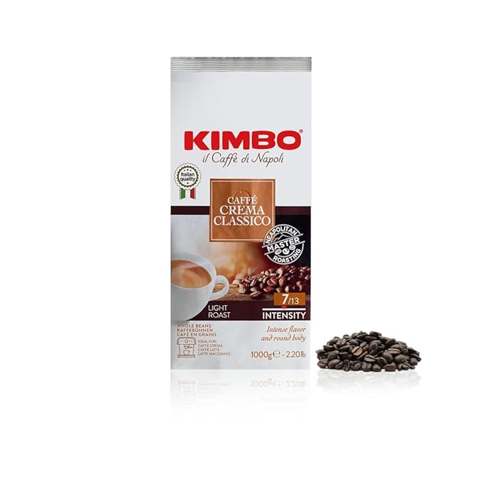 Kimbo Caffe Crema Classico Whole Bean Coffee | Blended and Roasted in Italy | Light Roast | 7/13