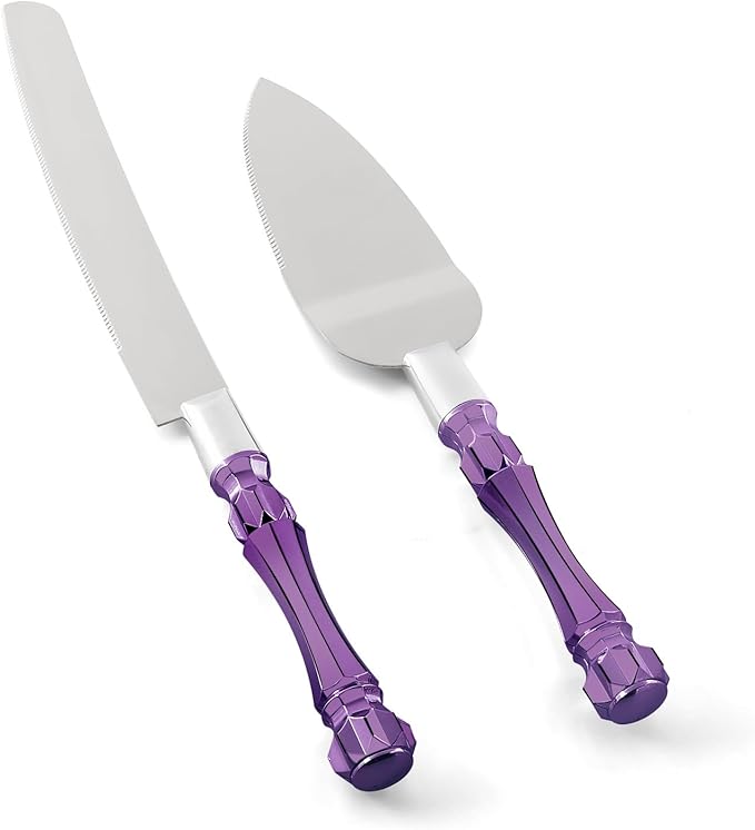 Purple Wedding Cake Knife and Server Set, Cake Cutter and Spatula, Acrylic Handle Set with 1.2mm