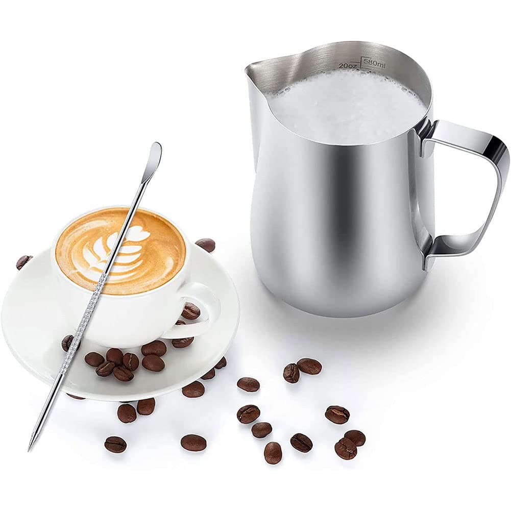 20 oz Milk Frothing Pitcher, 304 stainless steel 600ml milk can coffee frothing cup with art deco