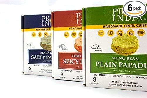 Pride Of India - Assorted Papadum Lentil Crisps - Plain, Salty & Spicy - Pack of 6 (2 Boxes per