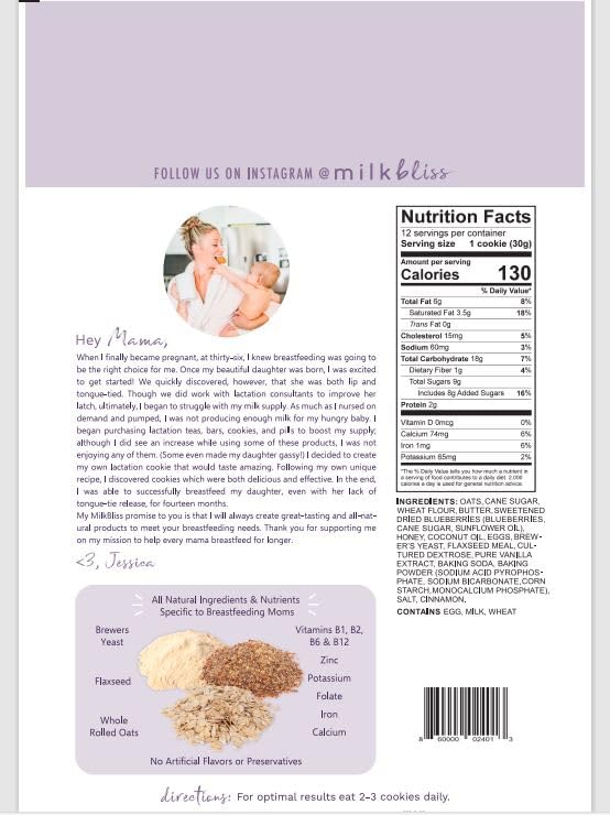 MilkBliss Wild Blueberry Soft Baked Oatmeal Lactation Cookies for Breastfeeding Support to increase