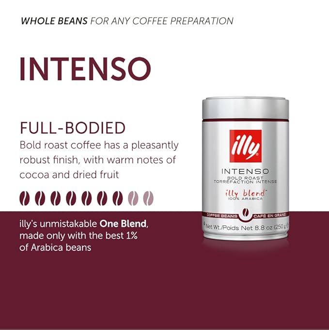 Illy Intenso Whole Bean Coffee, Dark Roast, Intense, Robust And Full Flavored With Notes Of Deep